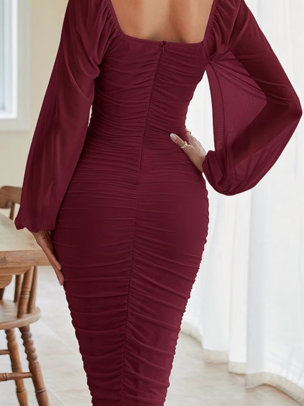 NWT Merokeety Magenta Mesh Ruched Bodycon Midi Dress (S)